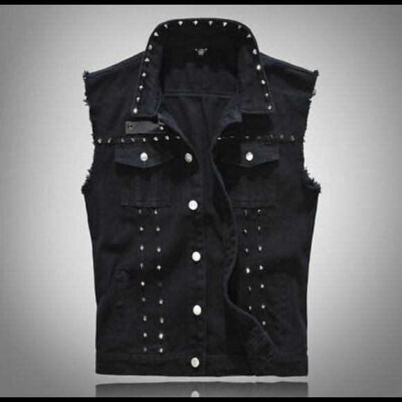 Mens Studded Denim Gilet Sleeveless Biker Jacket - Picture 3 of 3